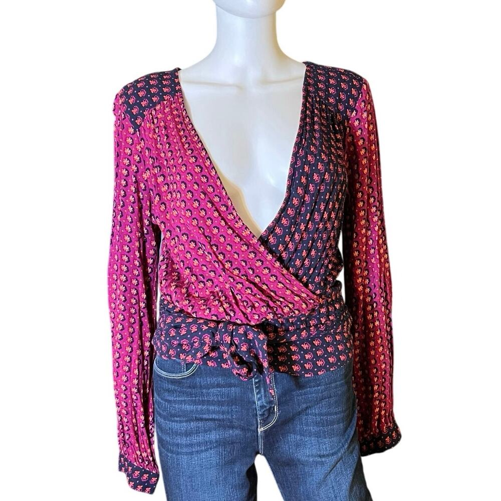 MAEVE Anthropologie Magenta Floral Deep V-Neck Wrap Top Size US 10